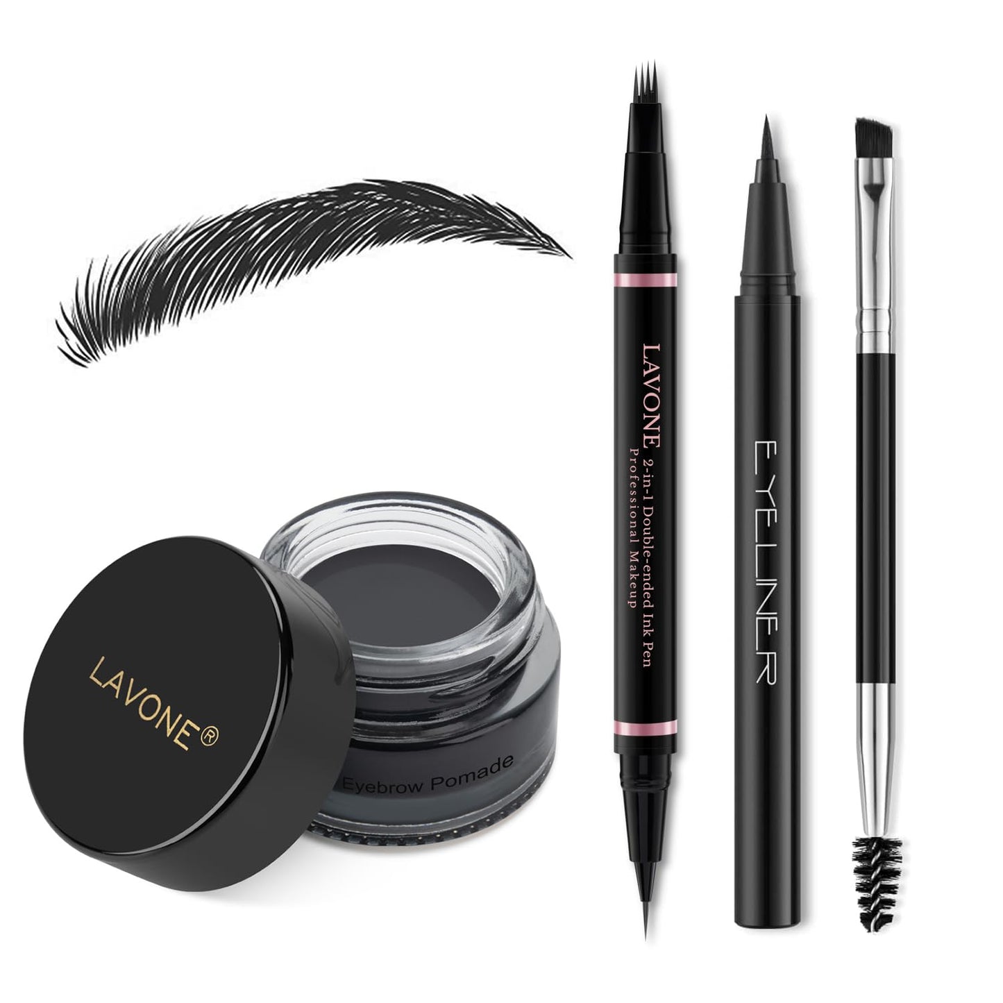 LAVONE Eyebrow Pencil Makeup Kit, with Waterproof 2-IN-1 Microblading Eyebrow Pen, Eyebrow Pomade, Eyeliner and Dual-ended Eyebrow Brush, Brow Pencil Kit for Natural Eyebrows - Dark Brown