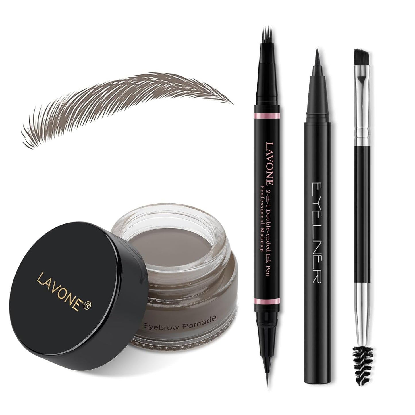 LAVONE Eyebrow Pencil Makeup Kit, with Waterproof 2-IN-1 Microblading Eyebrow Pen, Eyebrow Pomade, Eyeliner and Dual-ended Eyebrow Brush, Brow Pencil Kit for Natural Eyebrows - Dark Brown