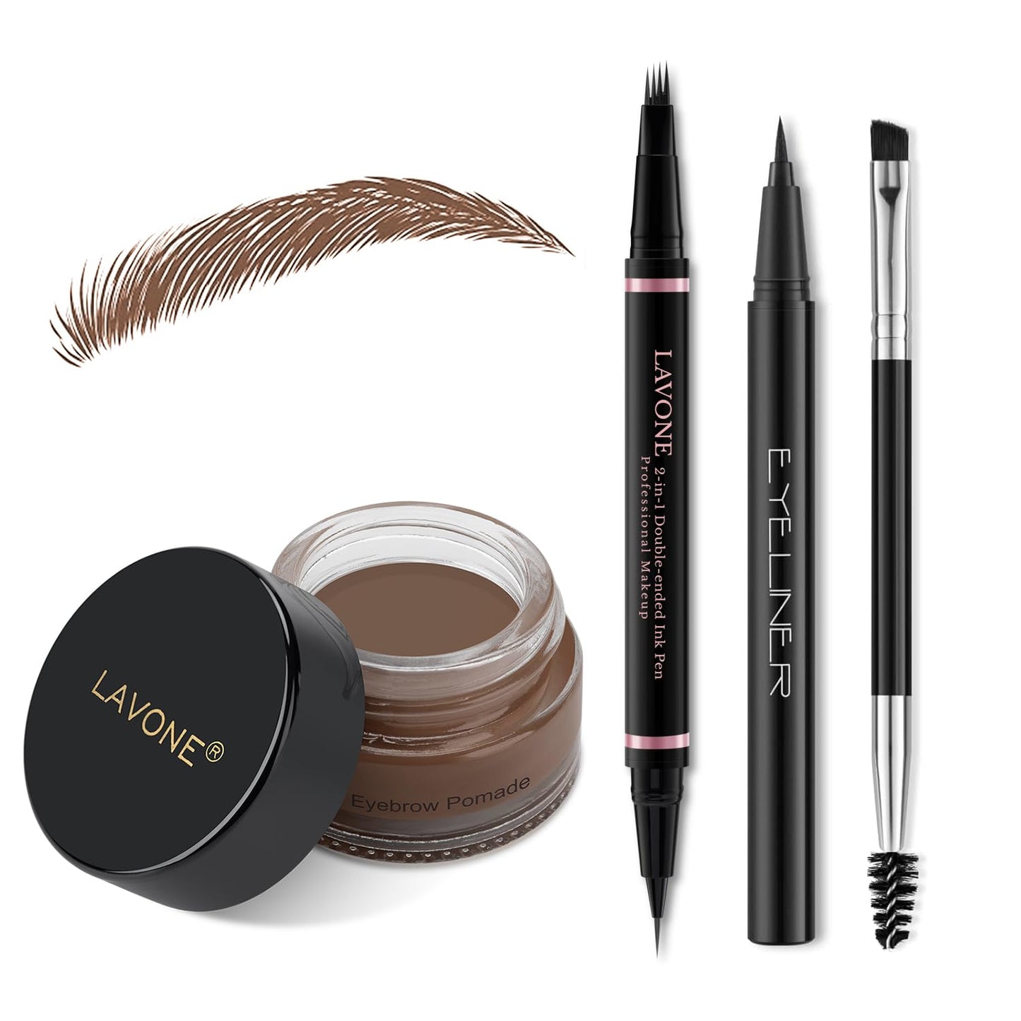 LAVONE Eyebrow Pencil Makeup Kit, with Waterproof 2-IN-1 Microblading Eyebrow Pen, Eyebrow Pomade, Eyeliner and Dual-ended Eyebrow Brush, Brow Pencil Kit for Natural Eyebrows - Dark Brown