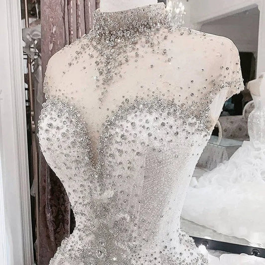 Customized High Neck Arabic Aso Ebi Luxurious Beaded Crystals Wedding Dress Organza Multi-Layered Ruffles Bridal Gowns