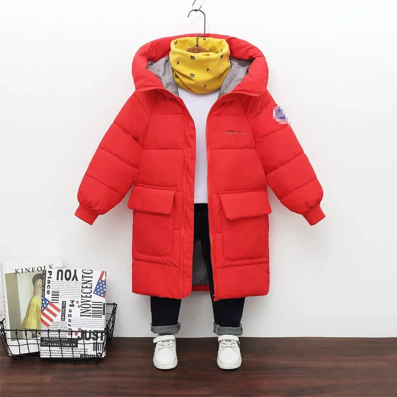 New Winter Boys Jacket Solid Color Mid-Length Keep Warm Cold Protection Hooded Down Cotton Windbreaker Coats For 3-10 Years