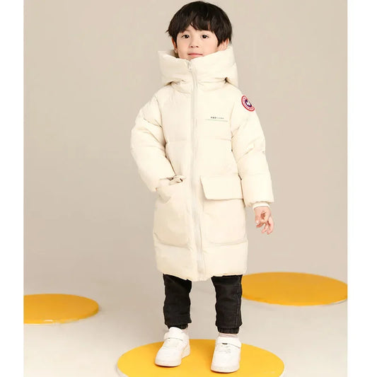 New Winter Boys Jacket Solid Color Mid-Length Keep Warm Cold Protection Hooded Down Cotton Windbreaker Coats For 3-10 Years