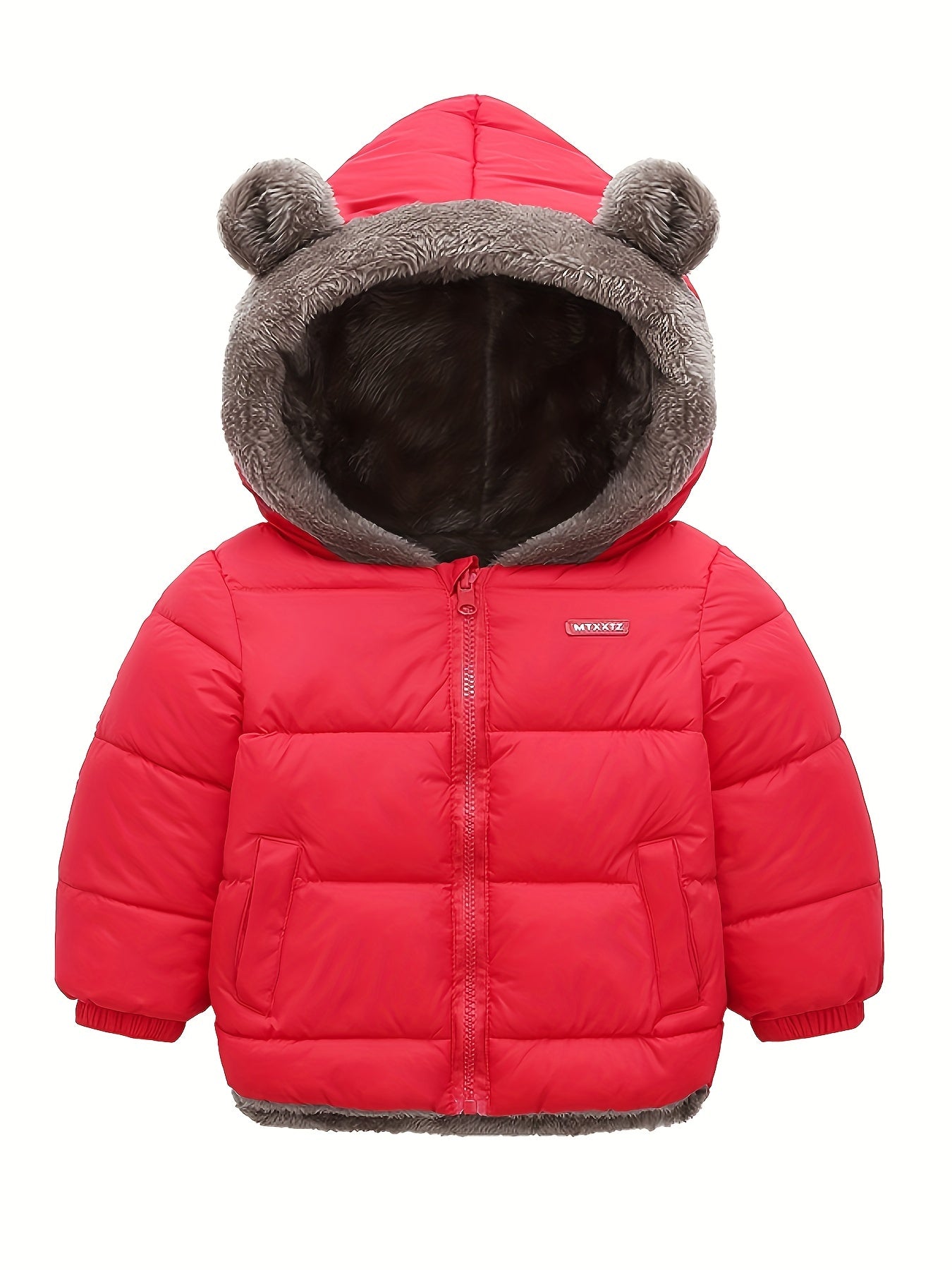 Kids' Cute Bear Ears Fleece Coat, Polyester 100% Long Sleeve Casual Jacket with Cardigan Collar, Solid Color, Fall/Winter Outerwear with Pockets for Boys and Girls