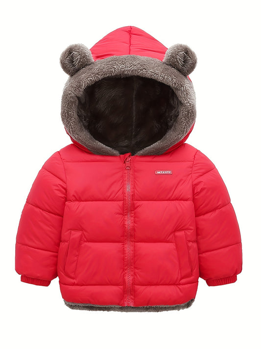 Kids' Cute Bear Ears Fleece Coat, Polyester 100% Long Sleeve Casual Jacket with Cardigan Collar, Solid Color, Fall/Winter Outerwear with Pockets for Boys and Girls