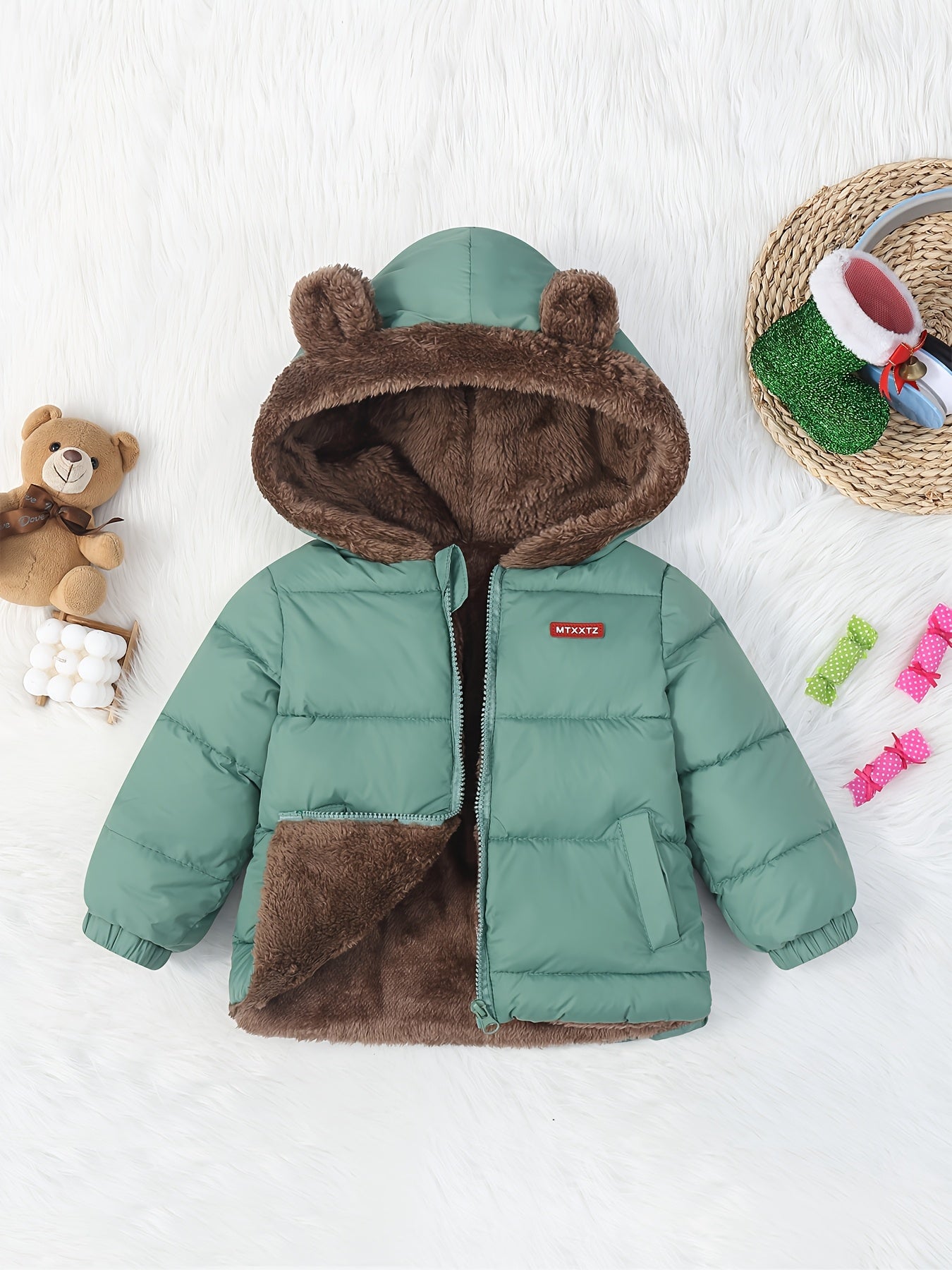 Kids' Cute Bear Ears Fleece Coat, Polyester 100% Long Sleeve Casual Jacket with Cardigan Collar, Solid Color, Fall/Winter Outerwear with Pockets for Boys and Girls