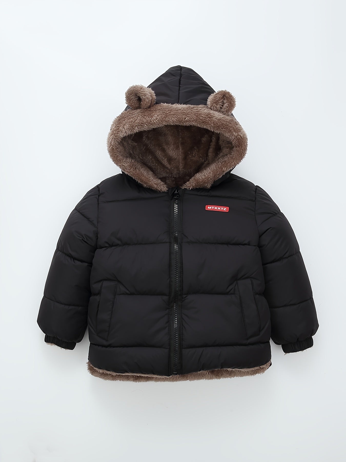 Kids' Cute Bear Ears Fleece Coat, Polyester 100% Long Sleeve Casual Jacket with Cardigan Collar, Solid Color, Fall/Winter Outerwear with Pockets for Boys and Girls