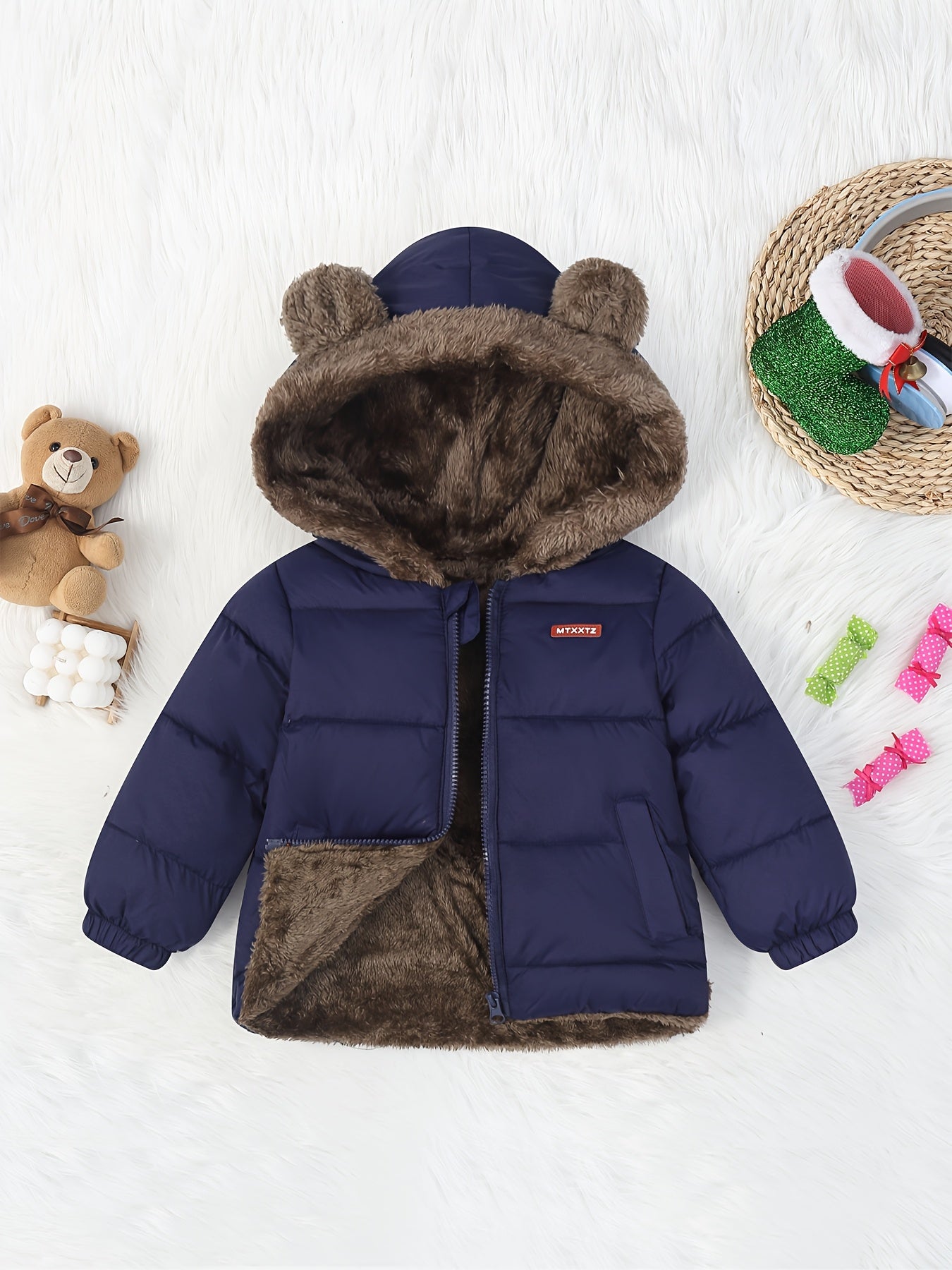 Kids' Cute Bear Ears Fleece Coat, Polyester 100% Long Sleeve Casual Jacket with Cardigan Collar, Solid Color, Fall/Winter Outerwear with Pockets for Boys and Girls