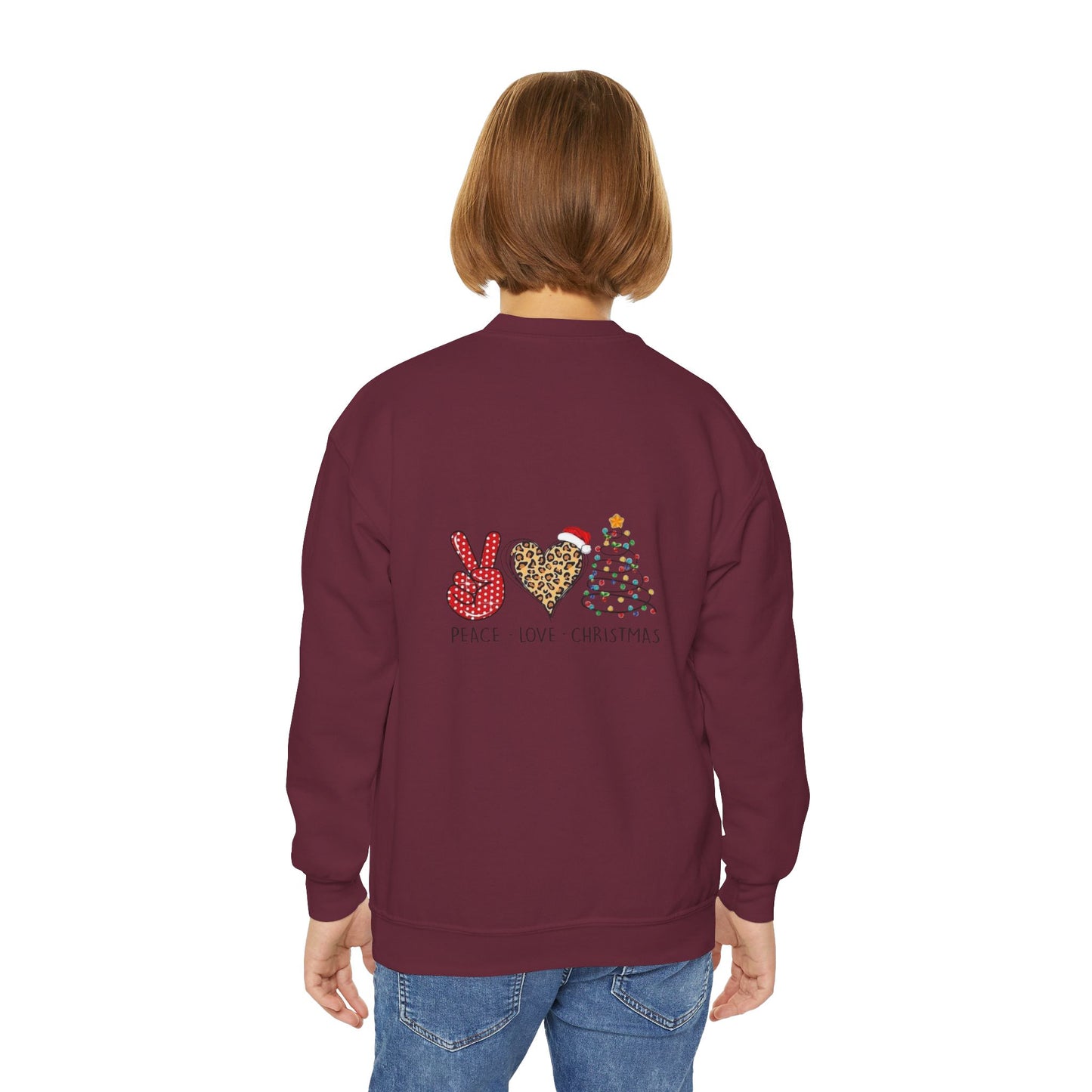 Festive Youth Crewneck Sweatshirt with Merry Christmas and Peace, Love, Christmas Designs, Holiday Sweatshirt, Kids Christmas Gift, [...]