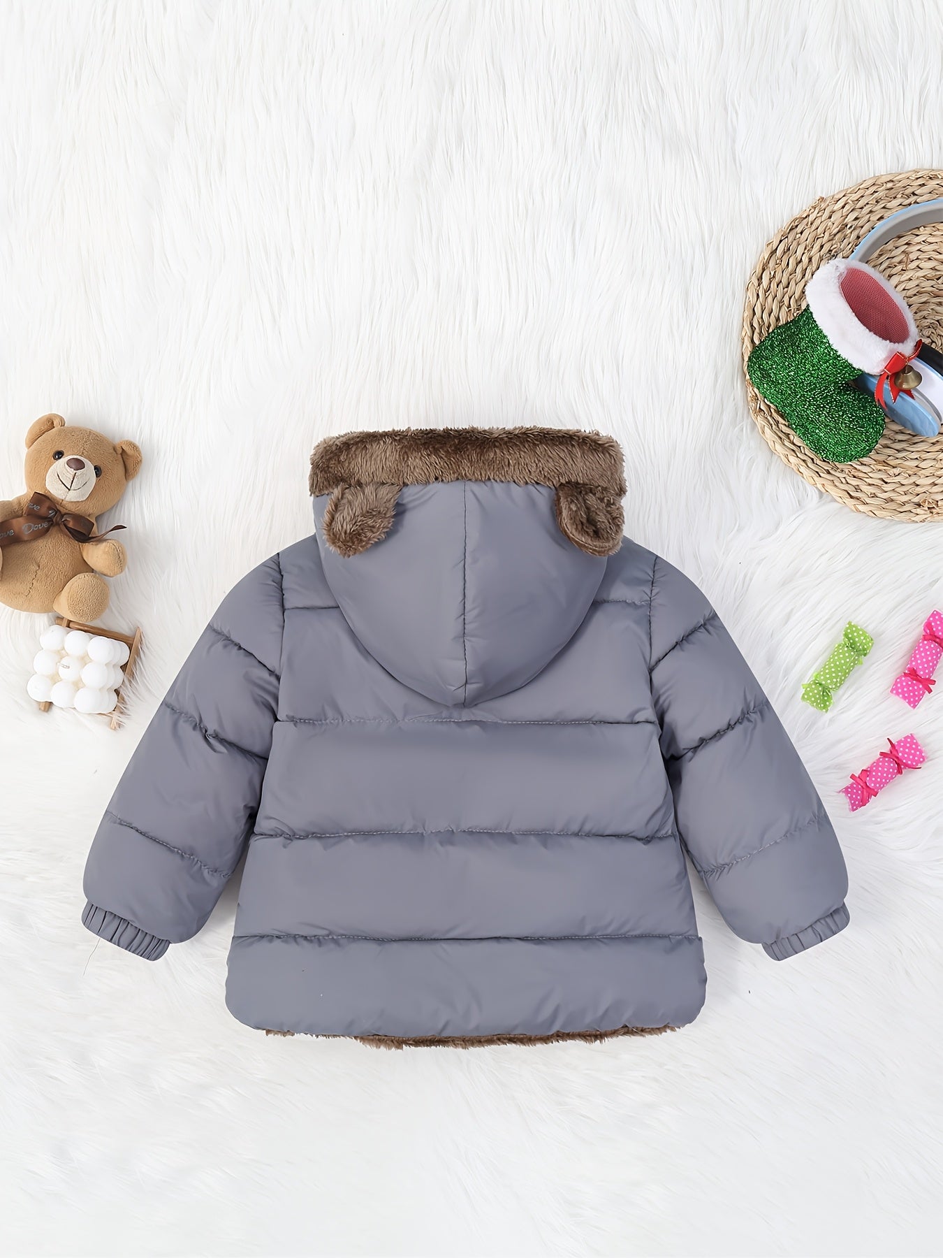 Kids' Cute Bear Ears Fleece Coat, Polyester 100% Long Sleeve Casual Jacket with Cardigan Collar, Solid Color, Fall/Winter Outerwear with Pockets for Boys and Girls