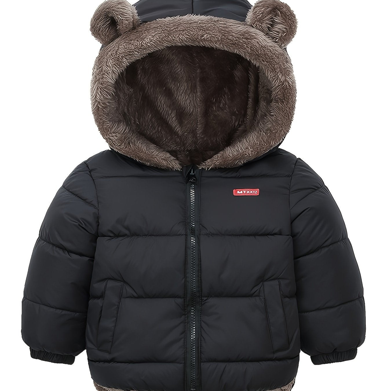 Kids' Cute Bear Ears Fleece Coat, Polyester 100% Long Sleeve Casual Jacket with Cardigan Collar, Solid Color, Fall/Winter Outerwear with Pockets for Boys and Girls