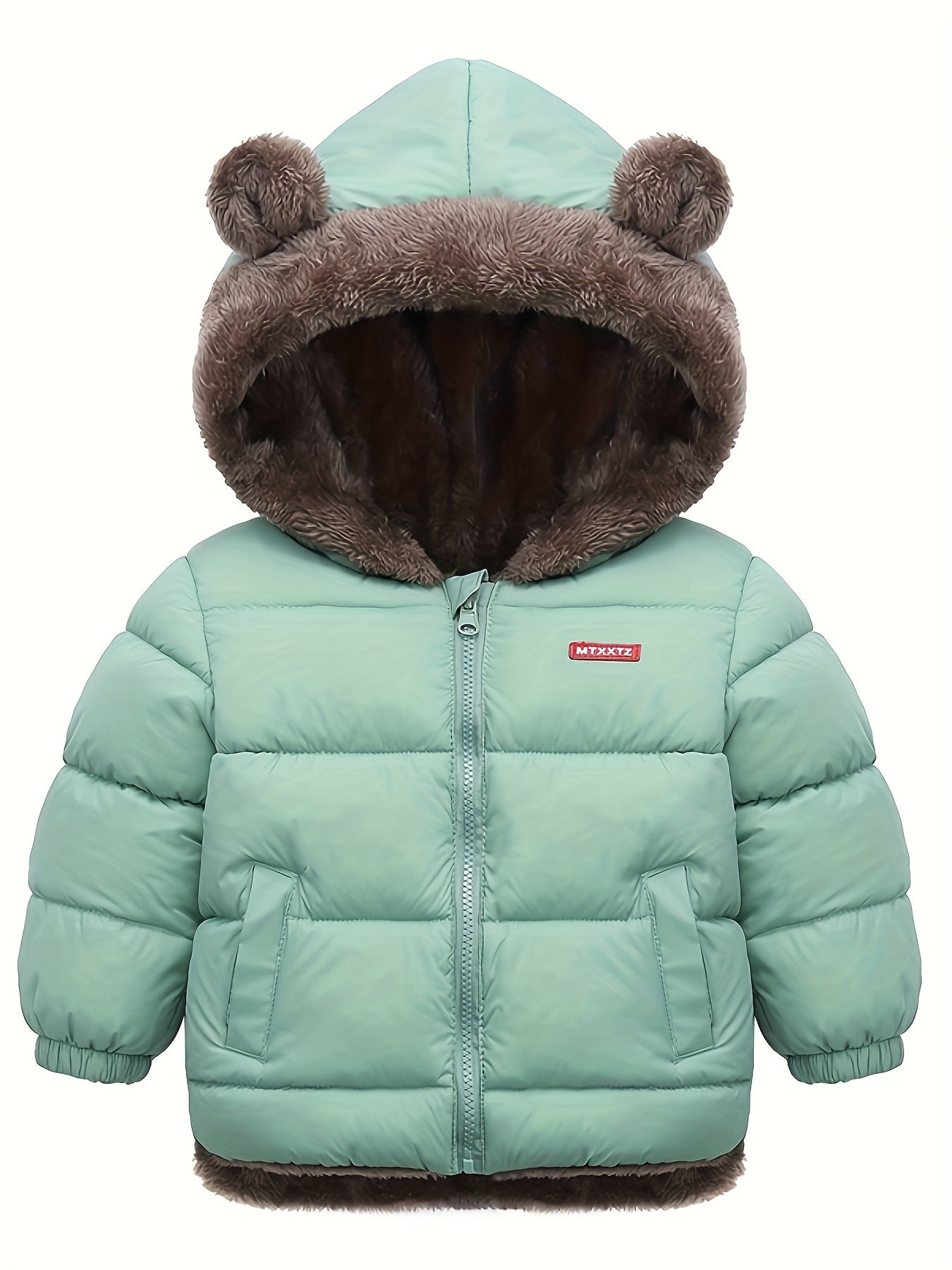 Kids' Cute Bear Ears Fleece Coat, Polyester 100% Long Sleeve Casual Jacket with Cardigan Collar, Solid Color, Fall/Winter Outerwear with Pockets for Boys and Girls
