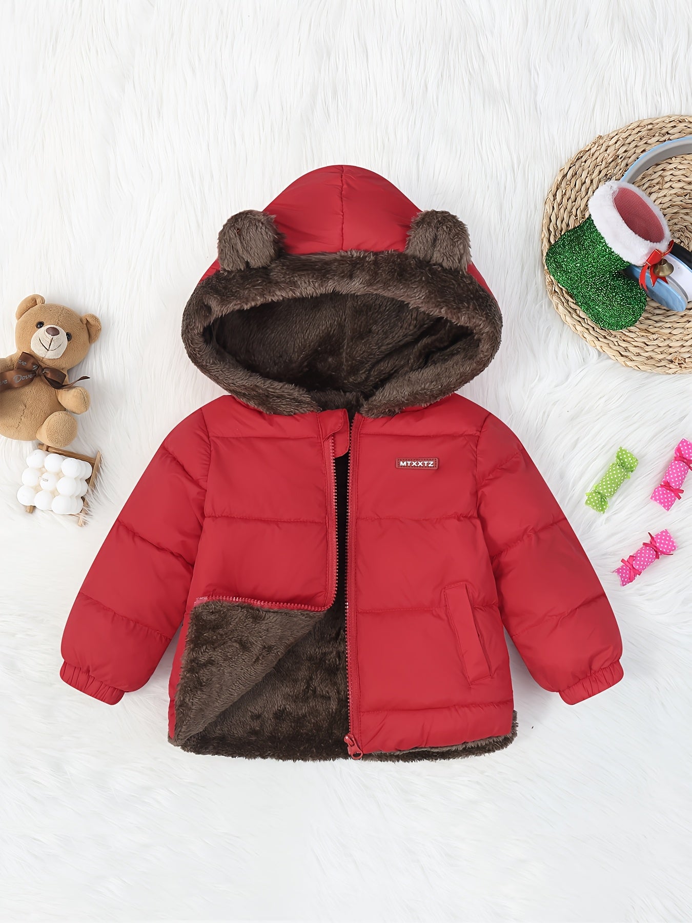 Kids' Cute Bear Ears Fleece Coat, Polyester 100% Long Sleeve Casual Jacket with Cardigan Collar, Solid Color, Fall/Winter Outerwear with Pockets for Boys and Girls