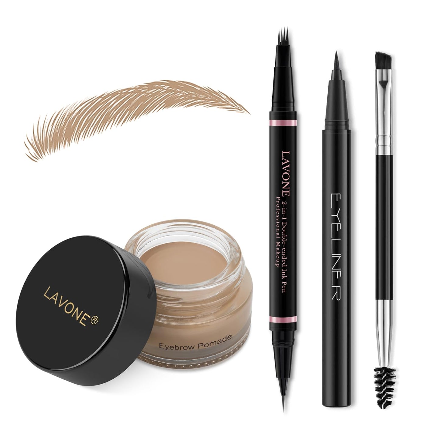 LAVONE Eyebrow Pencil Makeup Kit, with Waterproof 2-IN-1 Microblading Eyebrow Pen, Eyebrow Pomade, Eyeliner and Dual-ended Eyebrow Brush, Brow Pencil Kit for Natural Eyebrows - Dark Brown