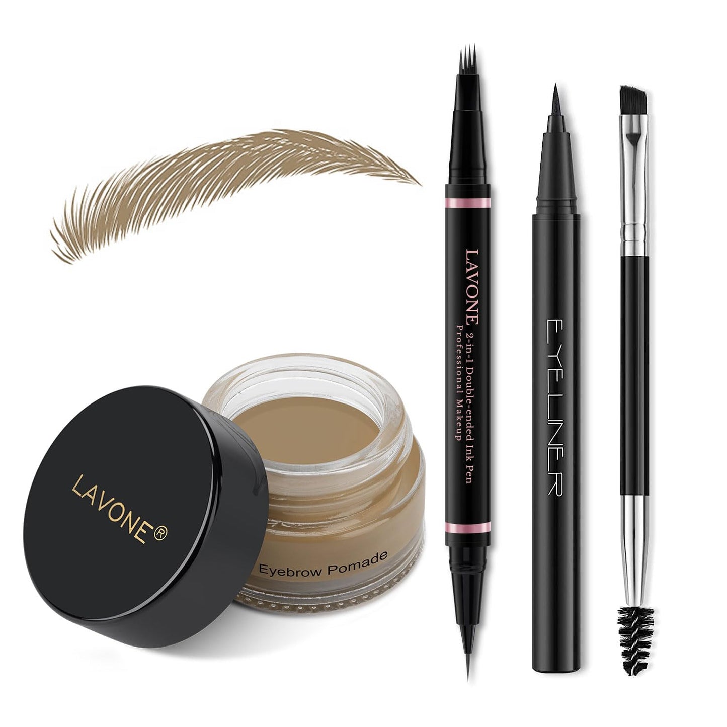 LAVONE Eyebrow Pencil Makeup Kit, with Waterproof 2-IN-1 Microblading Eyebrow Pen, Eyebrow Pomade, Eyeliner and Dual-ended Eyebrow Brush, Brow Pencil Kit for Natural Eyebrows - Dark Brown