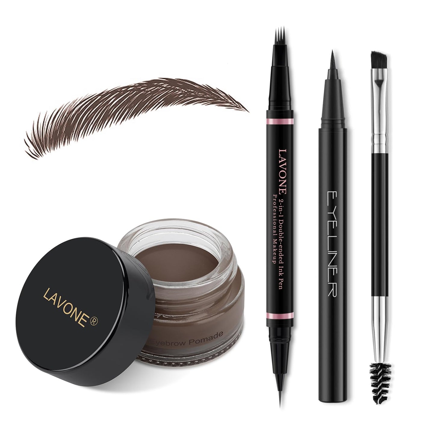 LAVONE Eyebrow Pencil Makeup Kit, with Waterproof 2-IN-1 Microblading Eyebrow Pen, Eyebrow Pomade, Eyeliner and Dual-ended Eyebrow Brush, Brow Pencil Kit for Natural Eyebrows - Dark Brown