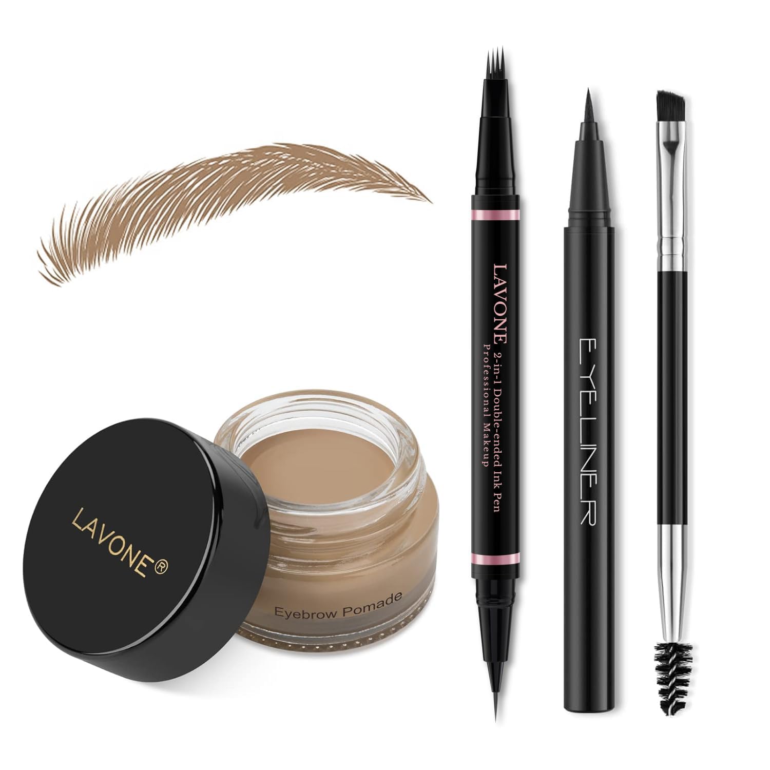 LAVONE Eyebrow Pencil Makeup Kit, with Waterproof 2-IN-1 Microblading Eyebrow Pen, Eyebrow Pomade, Eyeliner and Dual-ended Eyebrow Brush, Brow Pencil Kit for Natural Eyebrows - Dark Brown