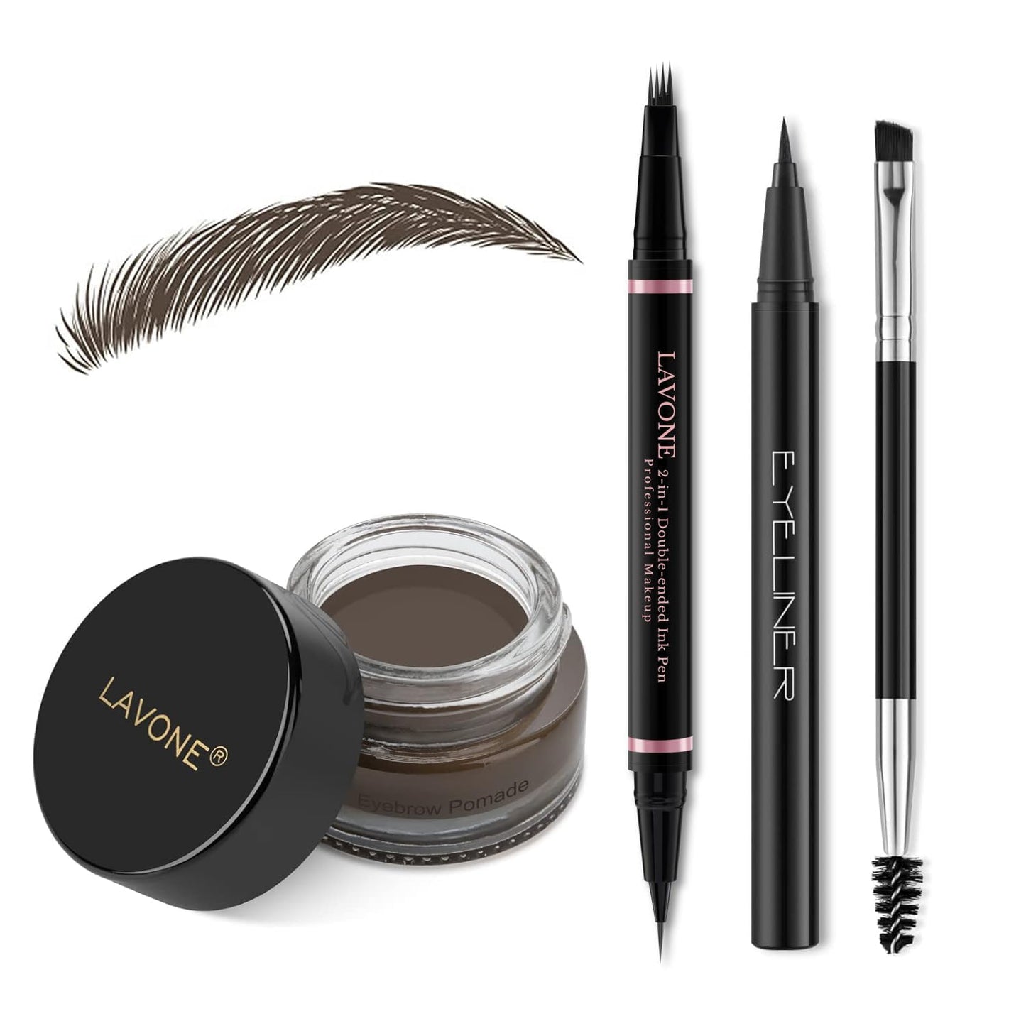 LAVONE Eyebrow Pencil Makeup Kit, with Waterproof 2-IN-1 Microblading Eyebrow Pen, Eyebrow Pomade, Eyeliner and Dual-ended Eyebrow Brush, Brow Pencil Kit for Natural Eyebrows - Dark Brown