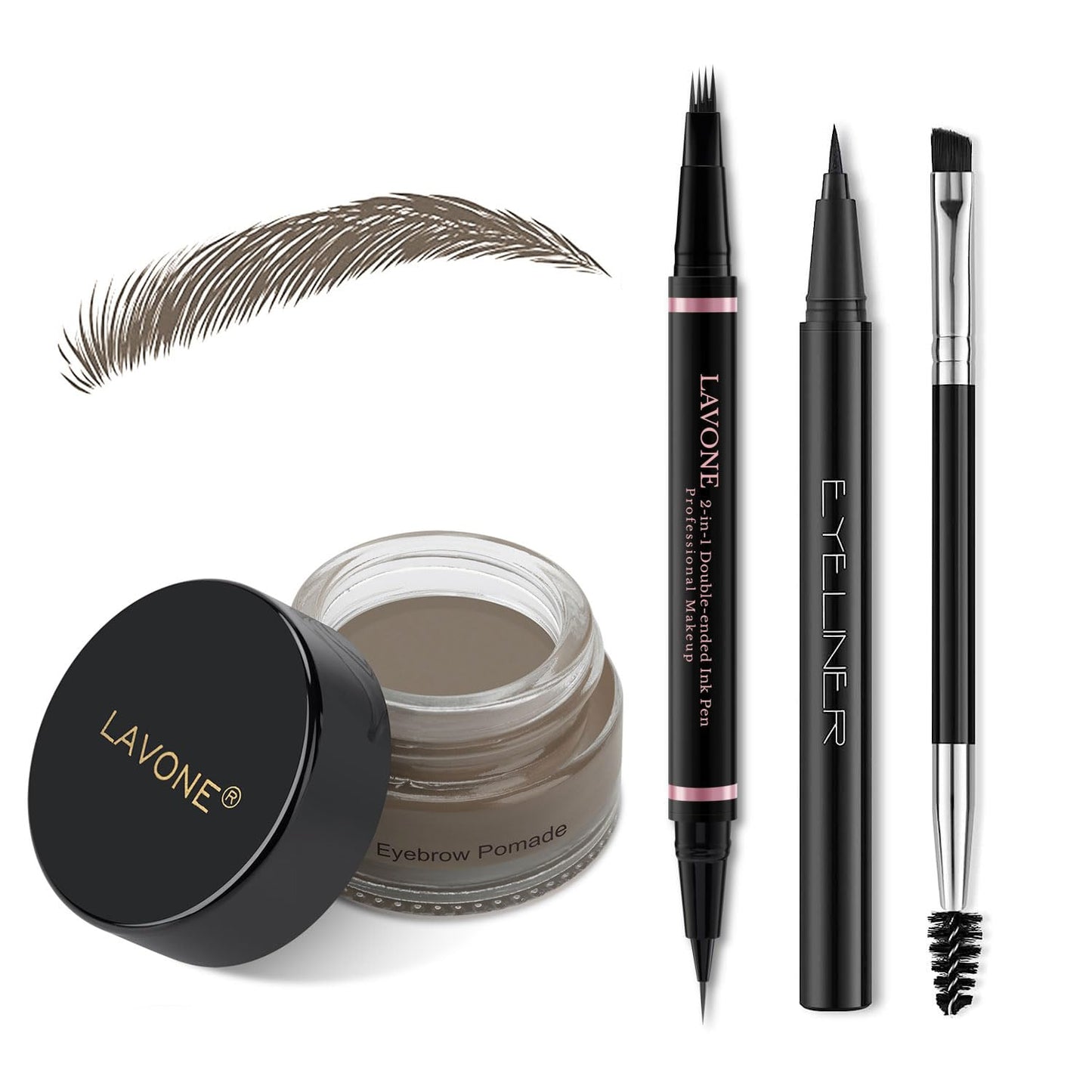 LAVONE Eyebrow Pencil Makeup Kit, with Waterproof 2-IN-1 Microblading Eyebrow Pen, Eyebrow Pomade, Eyeliner and Dual-ended Eyebrow Brush, Brow Pencil Kit for Natural Eyebrows - Dark Brown