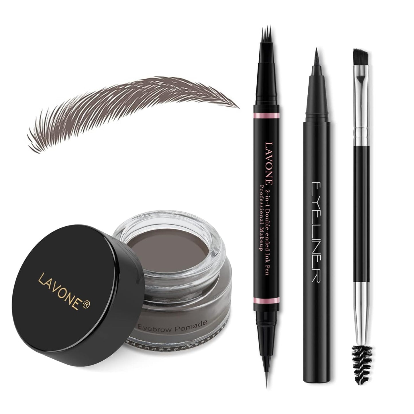 LAVONE Eyebrow Pencil Makeup Kit, with Waterproof 2-IN-1 Microblading Eyebrow Pen, Eyebrow Pomade, Eyeliner and Dual-ended Eyebrow Brush, Brow Pencil Kit for Natural Eyebrows - Dark Brown