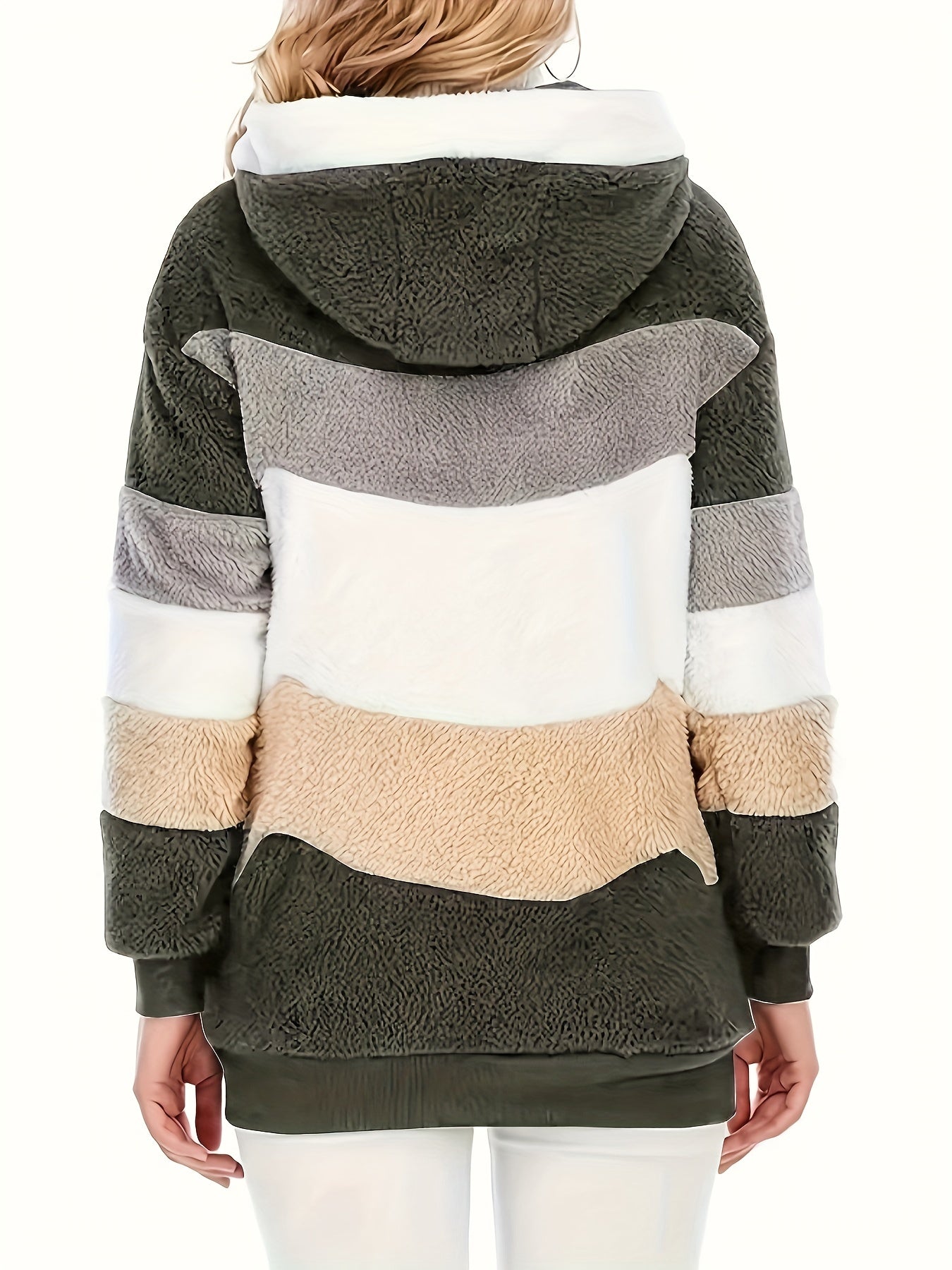 Women's Cozy Fur-Trimmed Hooded Jacket - Multicolor Striped, Loose Fit, Long Sleeve, Fall/Winter Fashion Outerwear with Pockets, Cozy Travel Jacket | Vacation Style Jacket | Plush Polyester