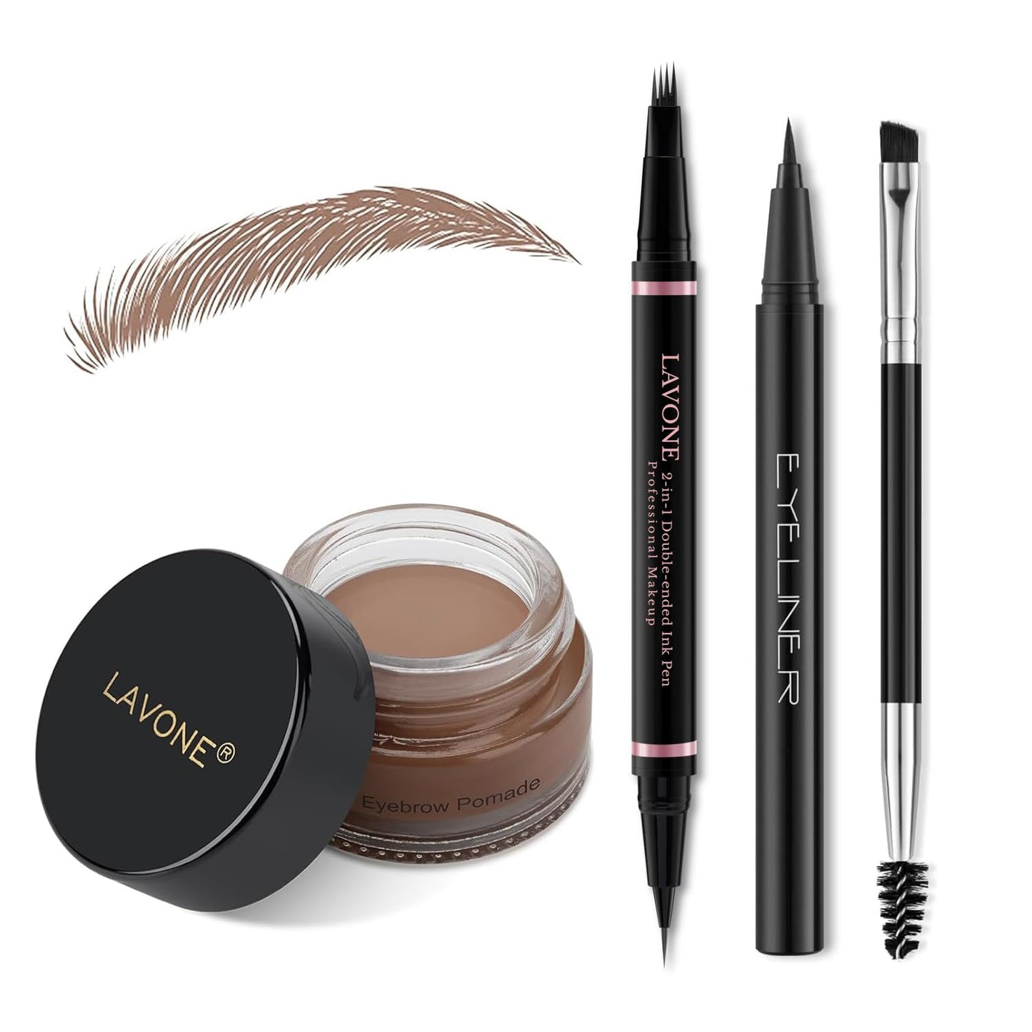 LAVONE Eyebrow Pencil Makeup Kit, with Waterproof 2-IN-1 Microblading Eyebrow Pen, Eyebrow Pomade, Eyeliner and Dual-ended Eyebrow Brush, Brow Pencil Kit for Natural Eyebrows - Dark Brown
