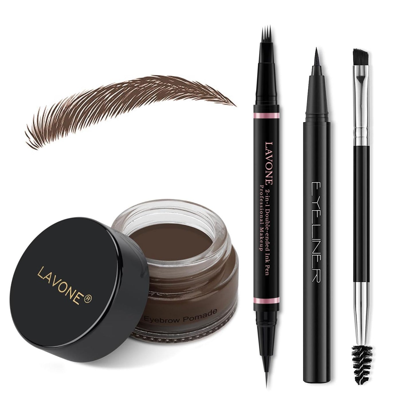 LAVONE Eyebrow Pencil Makeup Kit, with Waterproof 2-IN-1 Microblading Eyebrow Pen, Eyebrow Pomade, Eyeliner and Dual-ended Eyebrow Brush, Brow Pencil Kit for Natural Eyebrows - Dark Brown