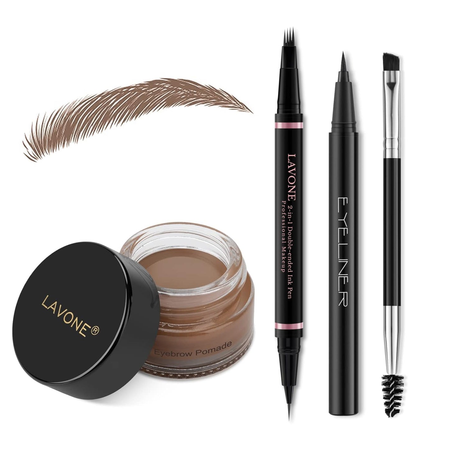 LAVONE Eyebrow Pencil Makeup Kit, with Waterproof 2-IN-1 Microblading Eyebrow Pen, Eyebrow Pomade, Eyeliner and Dual-ended Eyebrow Brush, Brow Pencil Kit for Natural Eyebrows - Dark Brown