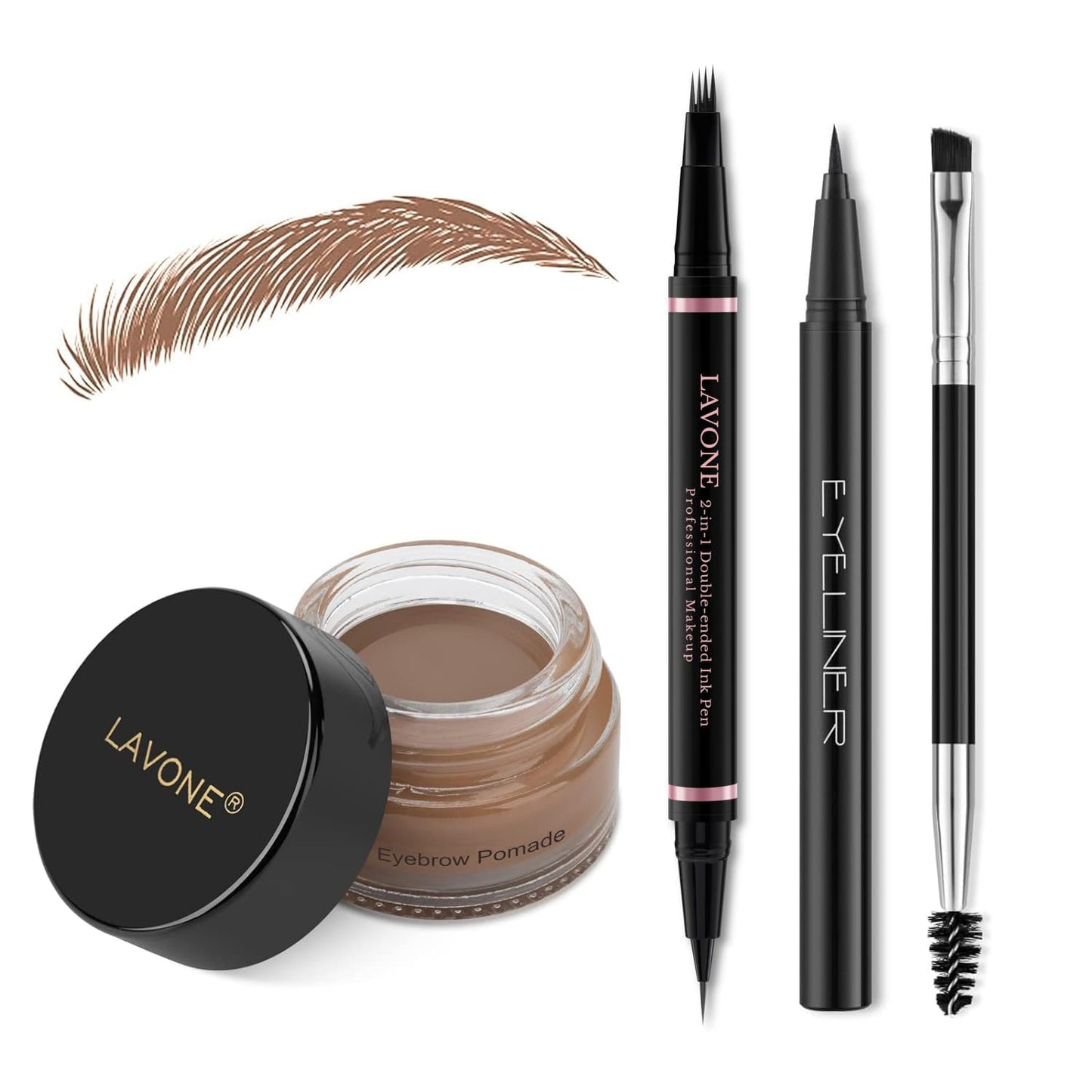 LAVONE Eyebrow Pencil Makeup Kit, with Waterproof 2-IN-1 Microblading Eyebrow Pen, Eyebrow Pomade, Eyeliner and Dual-ended Eyebrow Brush, Brow Pencil Kit for Natural Eyebrows - Dark Brown