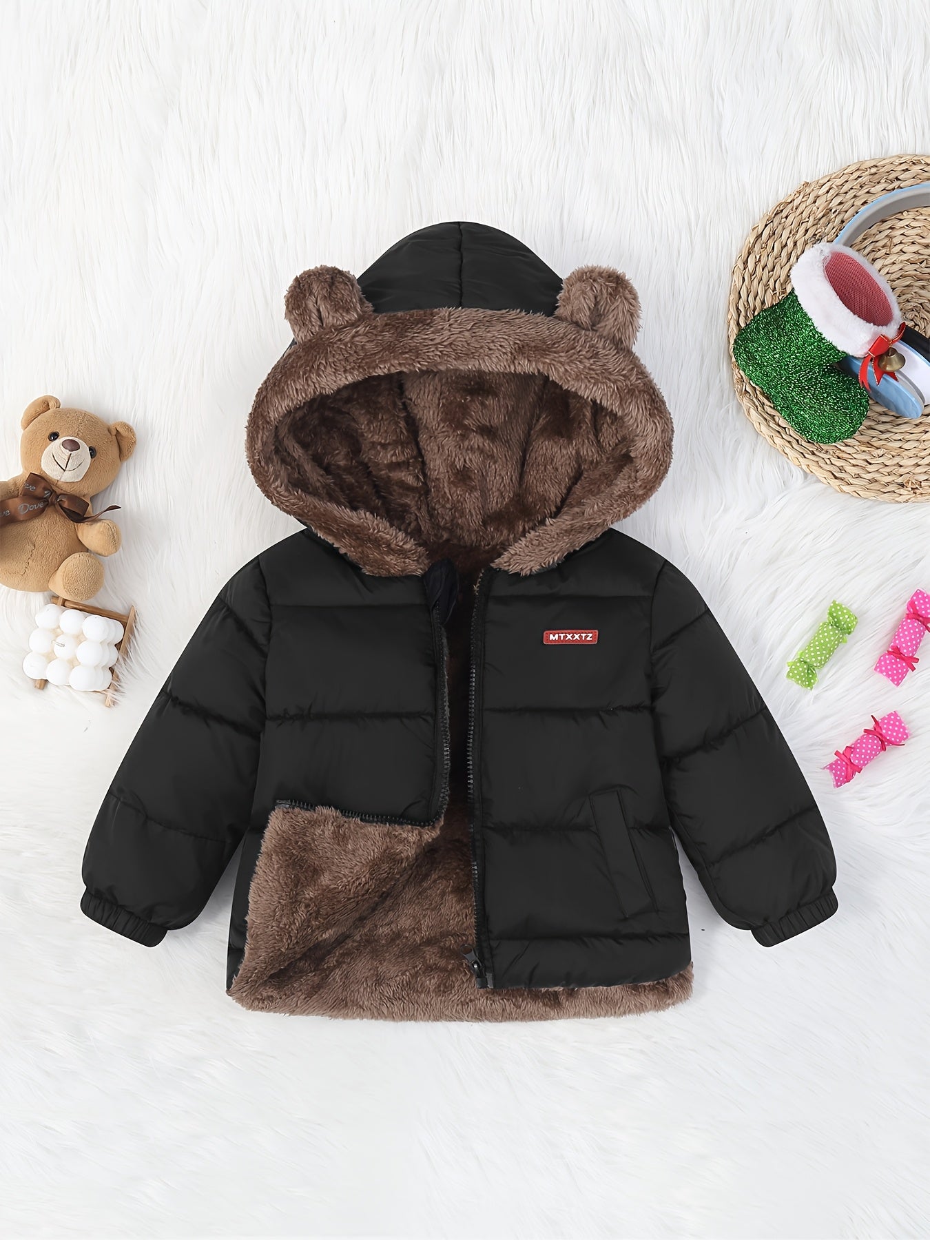Kids' Cute Bear Ears Fleece Coat, Polyester 100% Long Sleeve Casual Jacket with Cardigan Collar, Solid Color, Fall/Winter Outerwear with Pockets for Boys and Girls