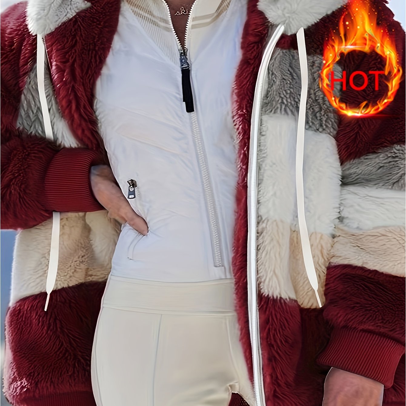 Women's Cozy Fur-Trimmed Hooded Jacket - Multicolor Striped, Loose Fit, Long Sleeve, Fall/Winter Fashion Outerwear with Pockets, Cozy Travel Jacket | Vacation Style Jacket | Plush Polyester