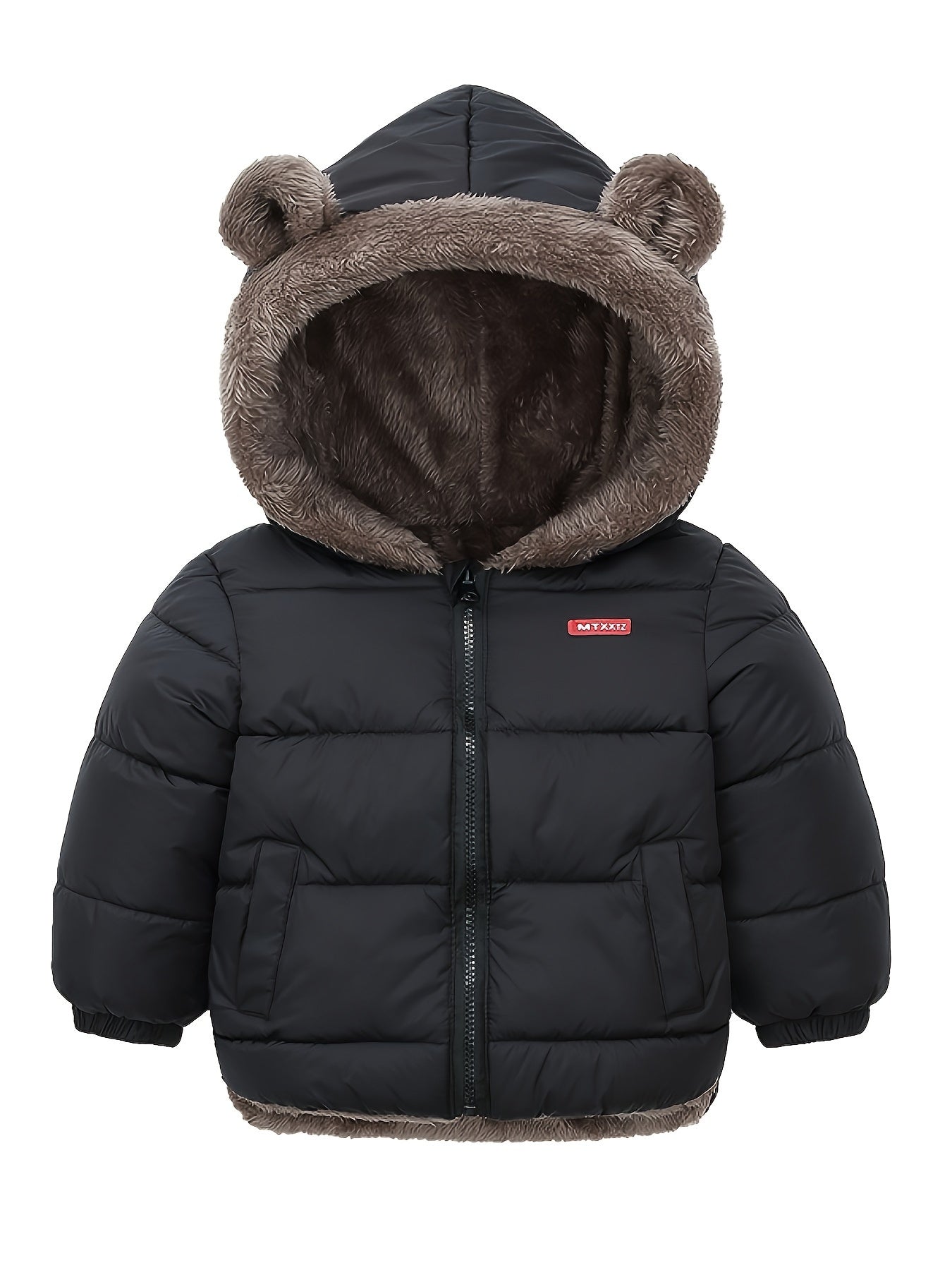 Kids' Cute Bear Ears Fleece Coat, Polyester 100% Long Sleeve Casual Jacket with Cardigan Collar, Solid Color, Fall/Winter Outerwear with Pockets for Boys and Girls