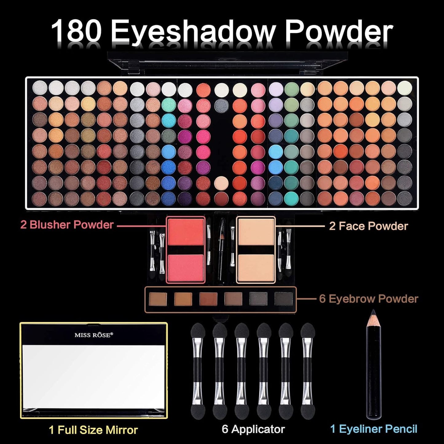 Kit de maquillaje profesional para mujeres con espejo, todo en uno, set de regalo de maquillaje para adolescentes, paleta de sombra de ojos de 180 colores, 2 rubor, 2 polvos, 1 delineador de ojos, 4