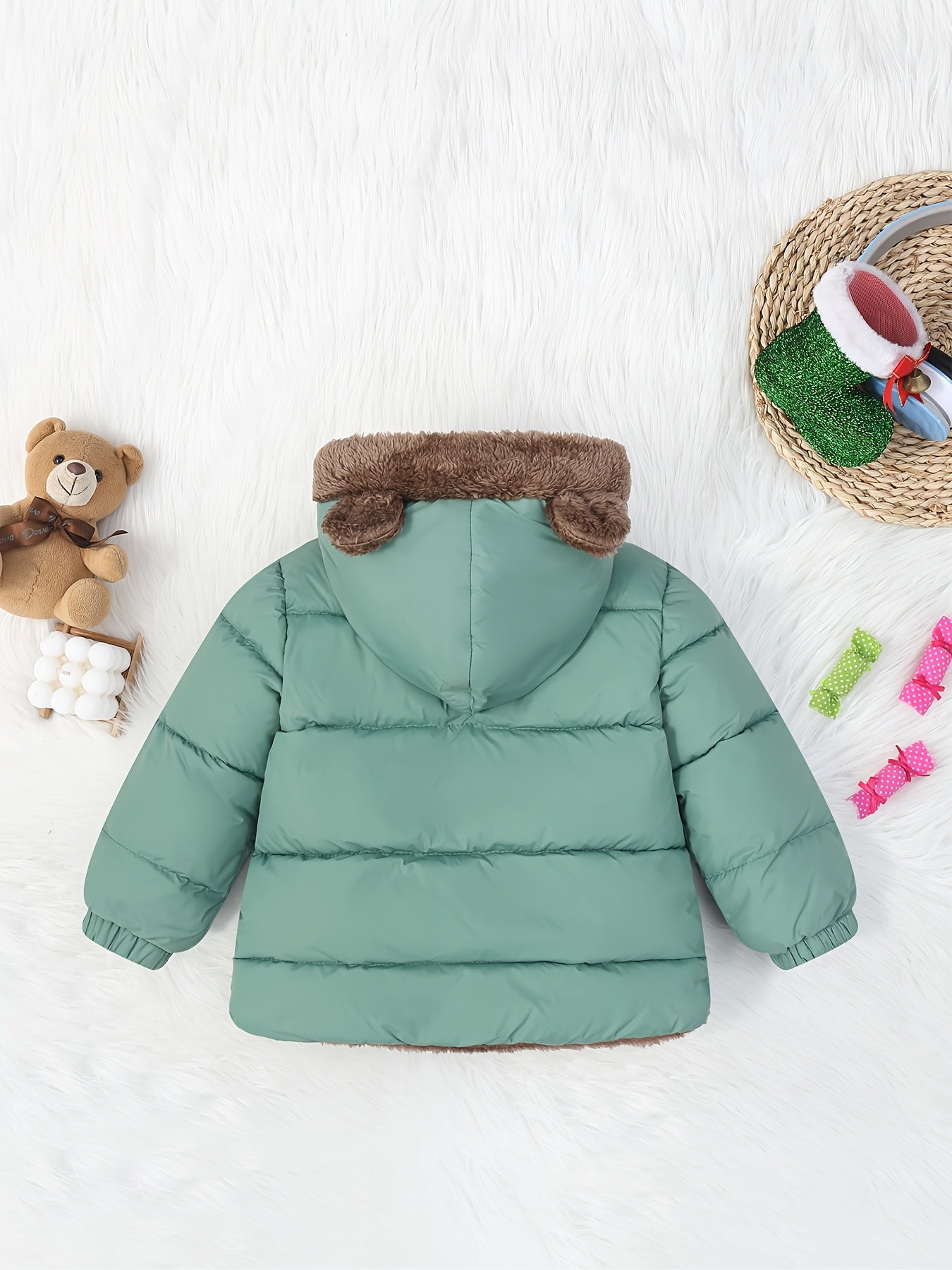 Kids' Cute Bear Ears Fleece Coat, Polyester 100% Long Sleeve Casual Jacket with Cardigan Collar, Solid Color, Fall/Winter Outerwear with Pockets for Boys and Girls