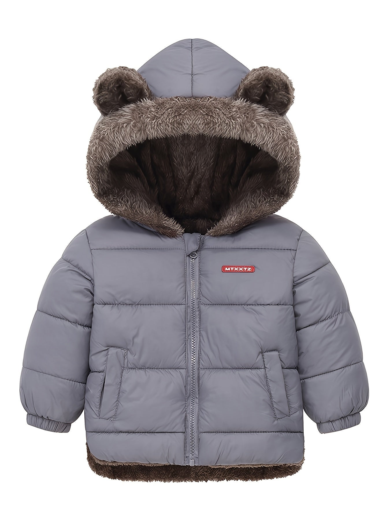 Kids' Cute Bear Ears Fleece Coat, Polyester 100% Long Sleeve Casual Jacket with Cardigan Collar, Solid Color, Fall/Winter Outerwear with Pockets for Boys and Girls