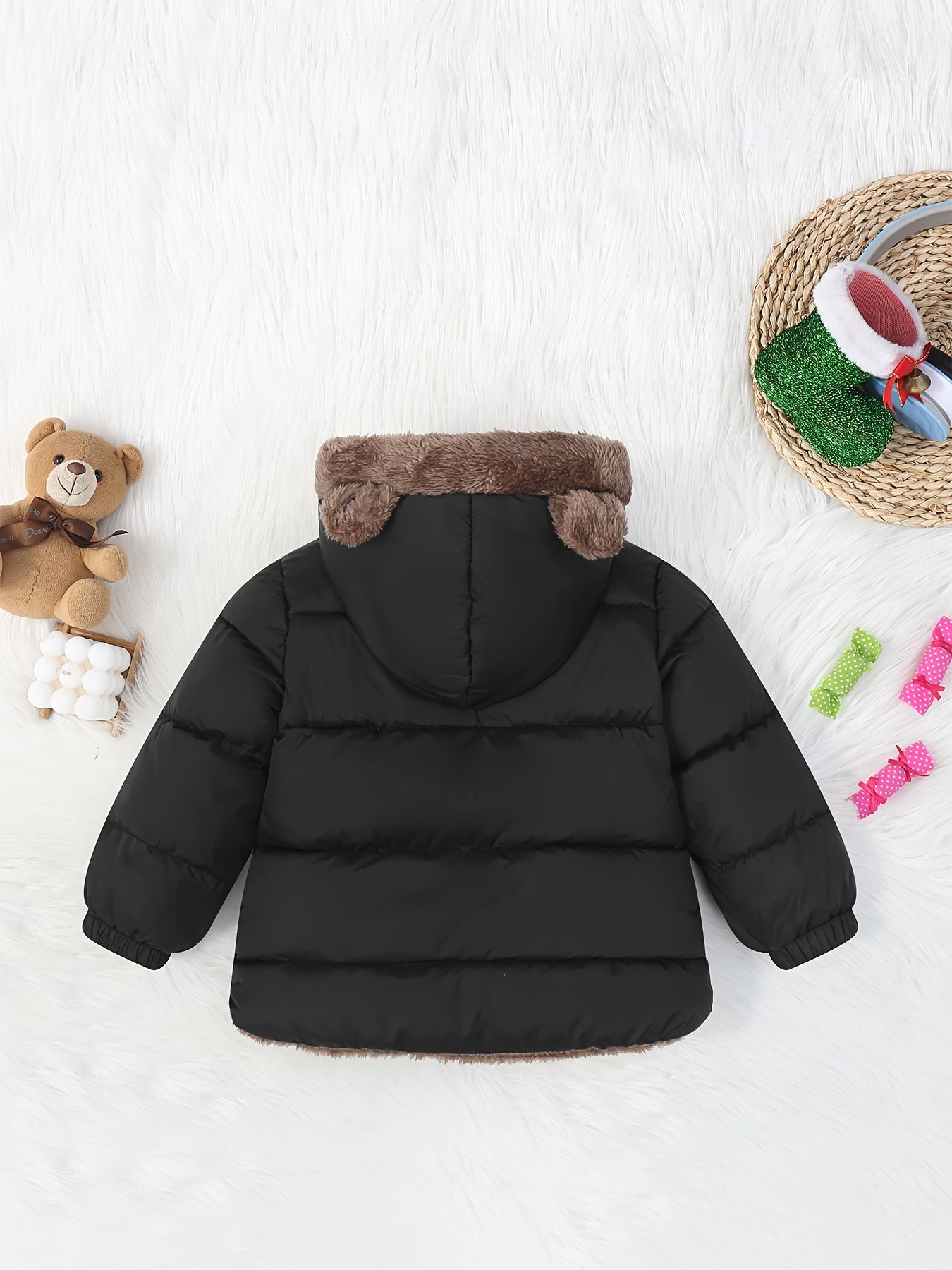 Kids' Cute Bear Ears Fleece Coat, Polyester 100% Long Sleeve Casual Jacket with Cardigan Collar, Solid Color, Fall/Winter Outerwear with Pockets for Boys and Girls
