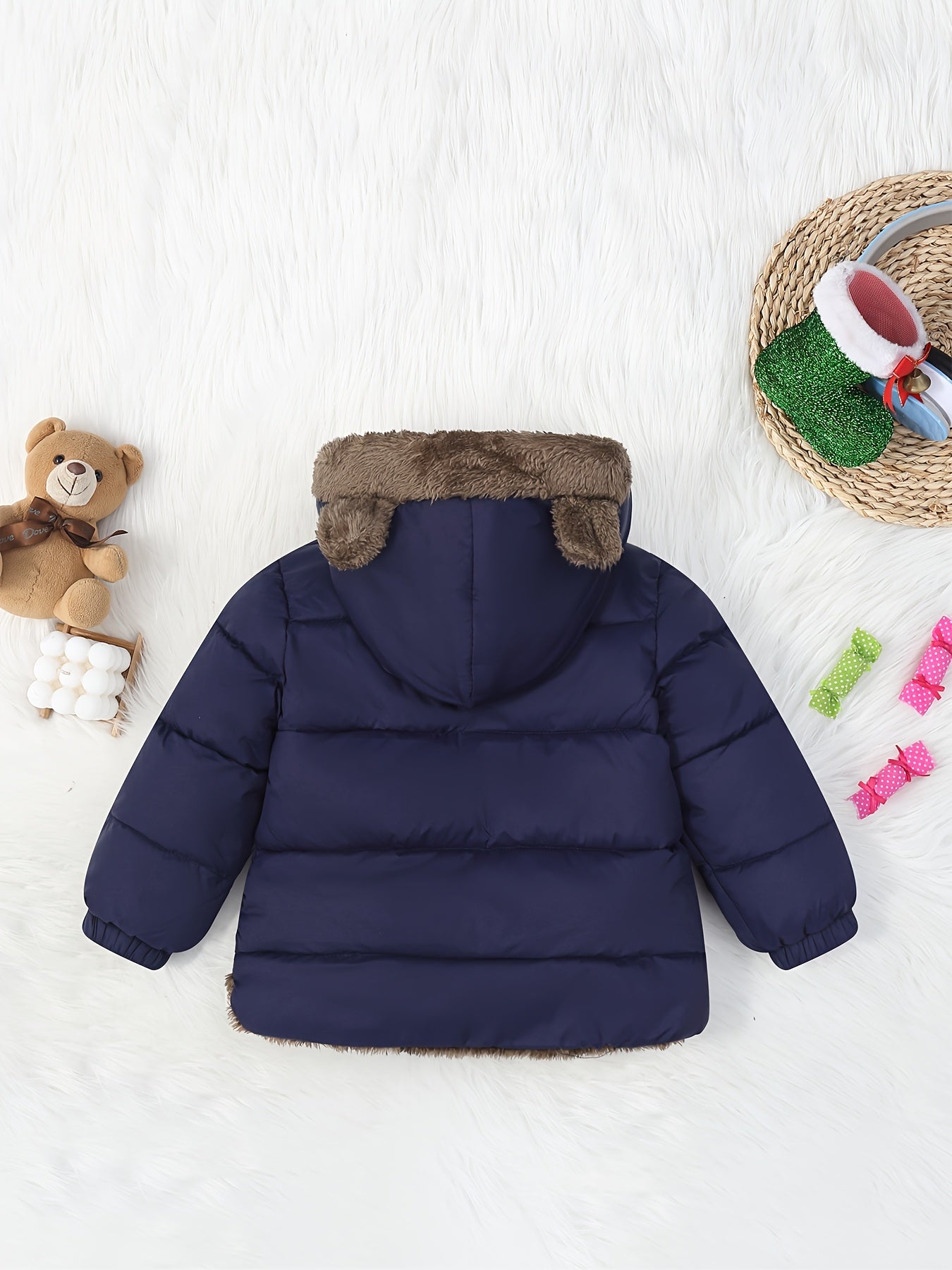 Kids' Cute Bear Ears Fleece Coat, Polyester 100% Long Sleeve Casual Jacket with Cardigan Collar, Solid Color, Fall/Winter Outerwear with Pockets for Boys and Girls