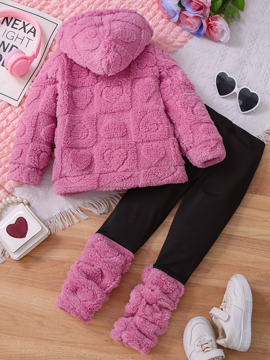 [Cozy Fleece Outfit Set] 2pcs Girls' Cozy Fleece Hooded Sweatshirt & Pants Set - Soft Pink Winter Outfit with Heart Pattern, Elastic Waistband, Long Sleeve Casual Playwear, Regular Fit, Fall/Winter Collection