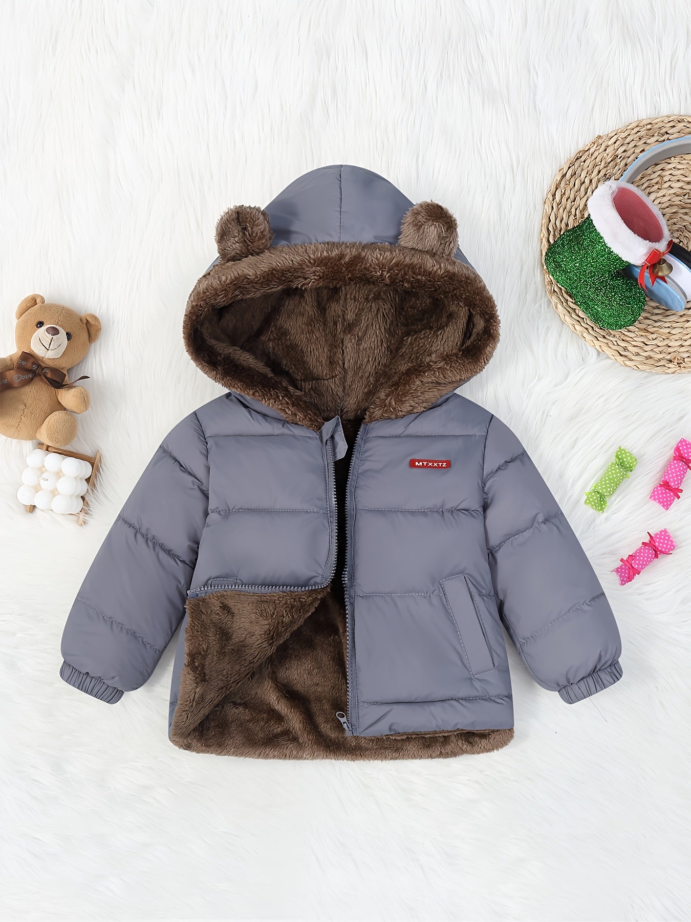 Kids' Cute Bear Ears Fleece Coat, Polyester 100% Long Sleeve Casual Jacket with Cardigan Collar, Solid Color, Fall/Winter Outerwear with Pockets for Boys and Girls