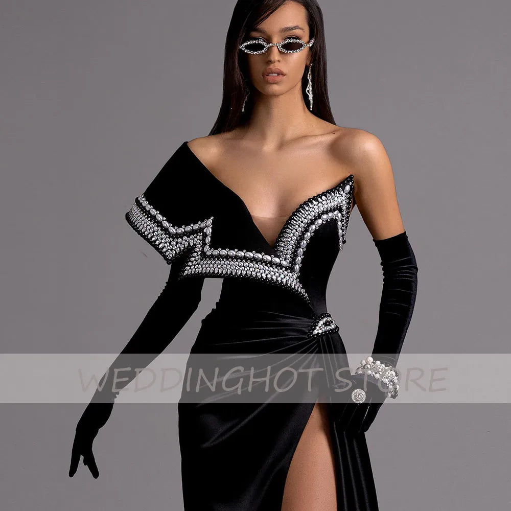 Velour Mermaid Evening Dresses 2023 Luxury Sexy Bead Black One-Shoulder Ball Gown Elegant Side Split Party Dress robes de soirée