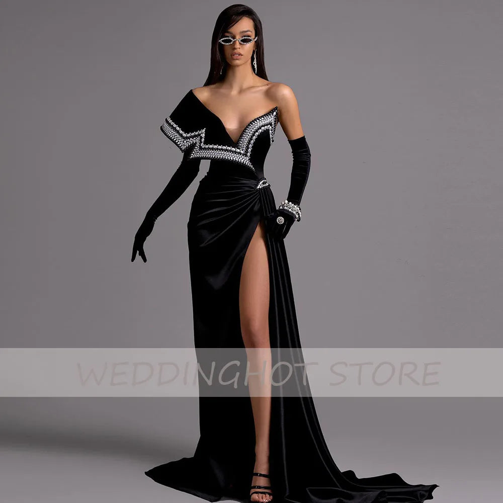 Velour Mermaid Evening Dresses 2023 Luxury Sexy Bead Black One-Shoulder Ball Gown Elegant Side Split Party Dress robes de soirée