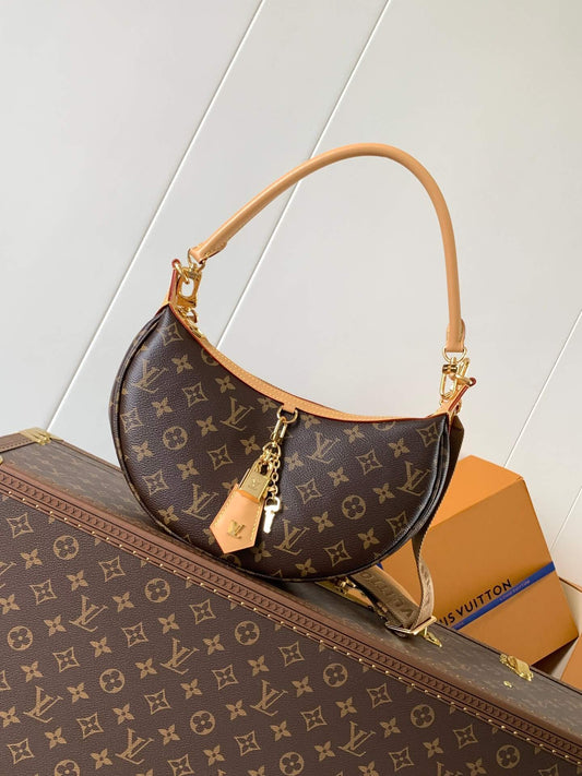 Elegant Monogram Style Crescent Shoulder Bag – Luxury Inspired Brown Handbag with Gold Charm