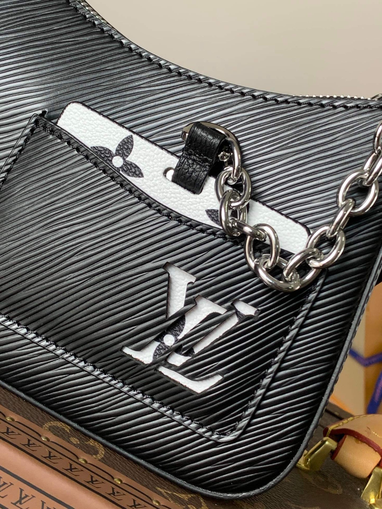 Luxury Black Designer Shoulder Bag with Silver Monogram Pattern – Chic & Timeless