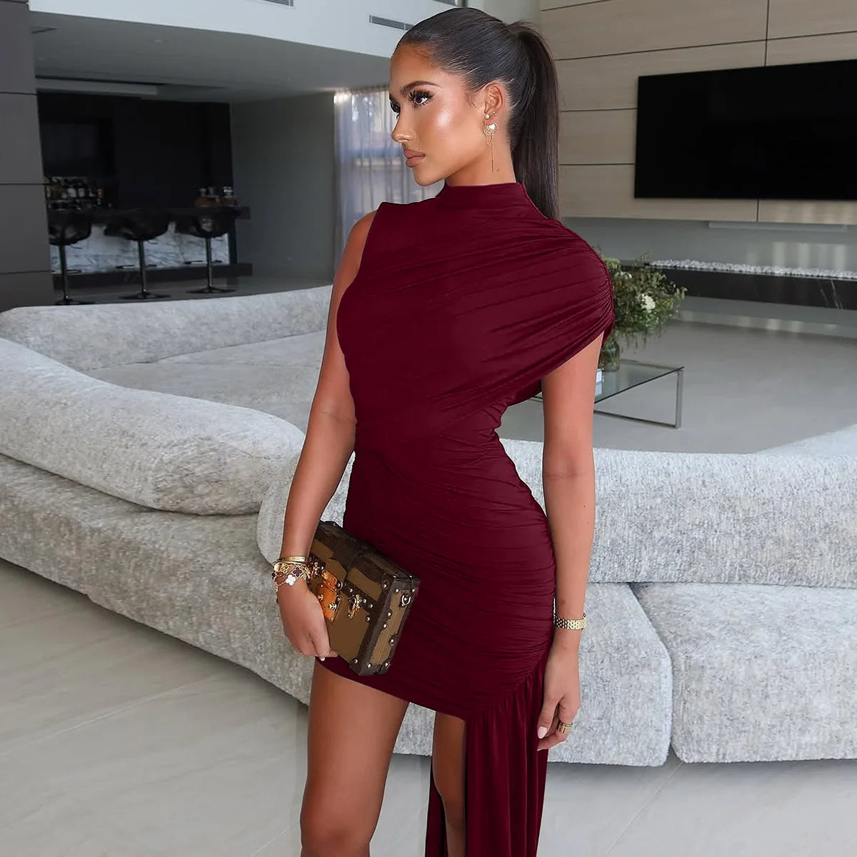 Irregular Draped Ruched Sexy Mini Dress For Women Elegant Turtleneck Sleeveless High Waist Pleated Club Party Dress