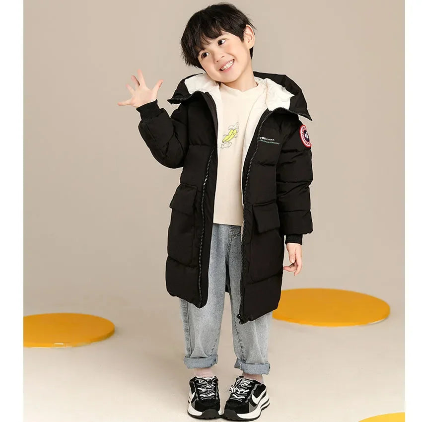 New Winter Boys Jacket Solid Color Mid-Length Keep Warm Cold Protection Hooded Down Cotton Windbreaker Coats For 3-10 Years