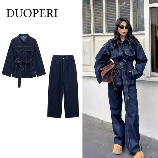 DUOPERI Women Fashion 2 Pieces Sets With Belt Denim  Jackets & Vintage Front Zipper Jeans Trousers Feamle Chic Lady Pants Sets