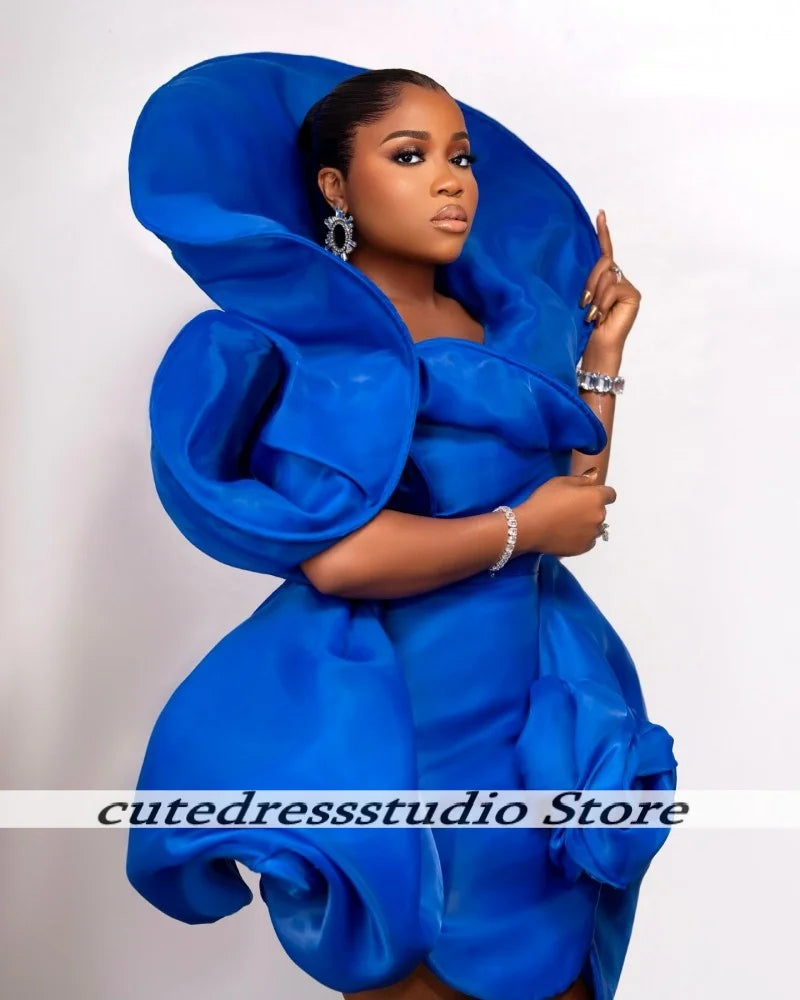 Blue Satin Mini Birthday Party Dresses For Women Exquisite Flowers Ruched Short Prom Dress Cocktail Gowns African Customized