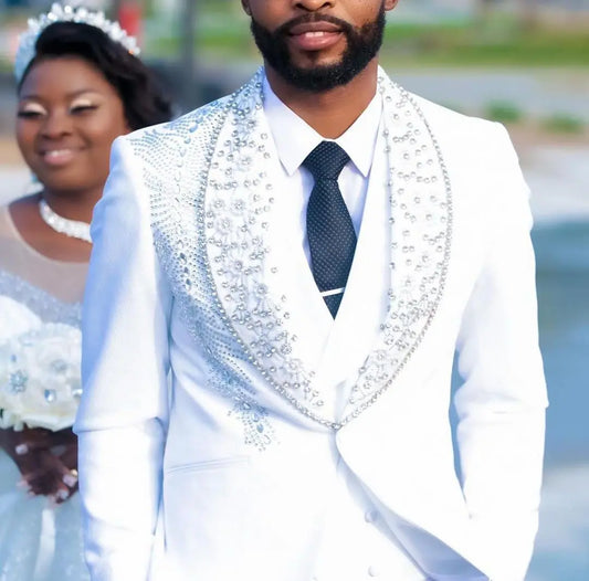 Luxury 3 Pieces Blazer Vest Pants Men Suits One Button Wide Lapel Formal Prom Beads Diamonds Wedding Groom Plus Size  Tailored