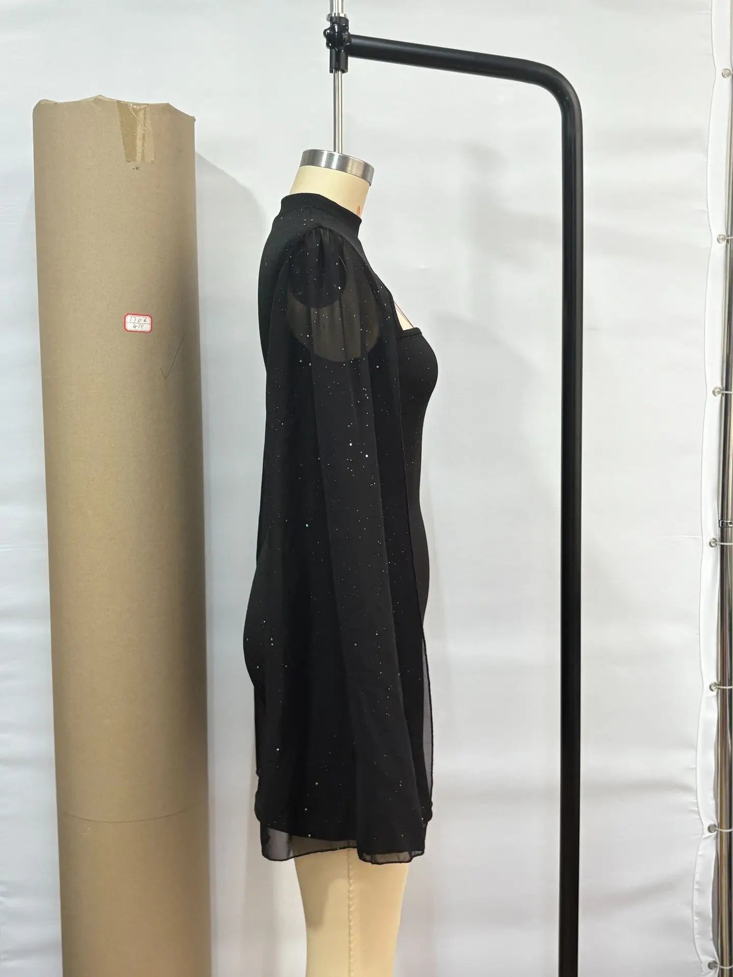 2025 Summer Women Outfit Fashion Elegant Pearl Chiffon Cloak Hip Short Dress Sequins Half High Collar Slim Evening Dress Female