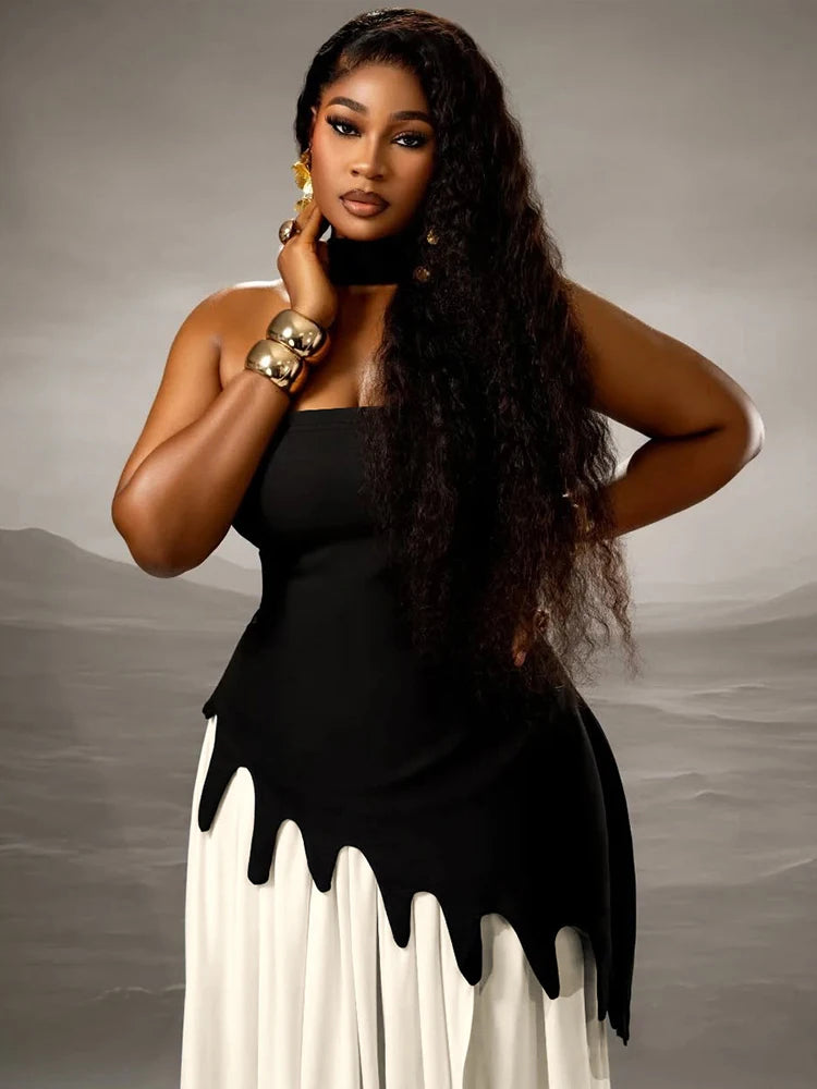 Weird Puss Strapless Dress+Scarf Women Irregular Patchwork Side Split Skinny Elegant Birthday Party Simple Basic Maxi Bodycon