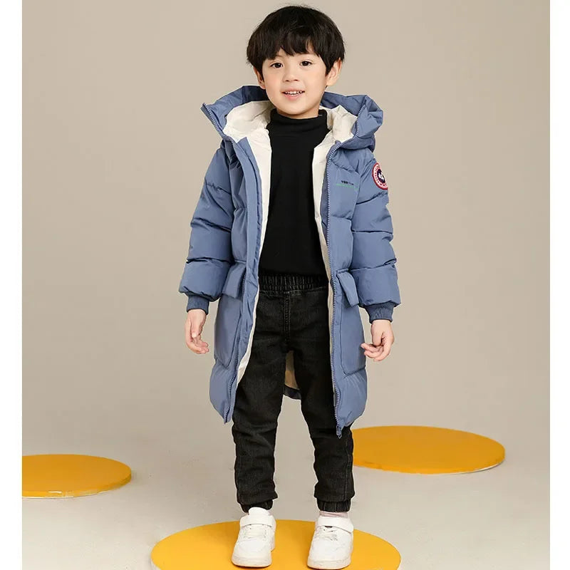 New Winter Boys Jacket Solid Color Mid-Length Keep Warm Cold Protection Hooded Down Cotton Windbreaker Coats For 3-10 Years